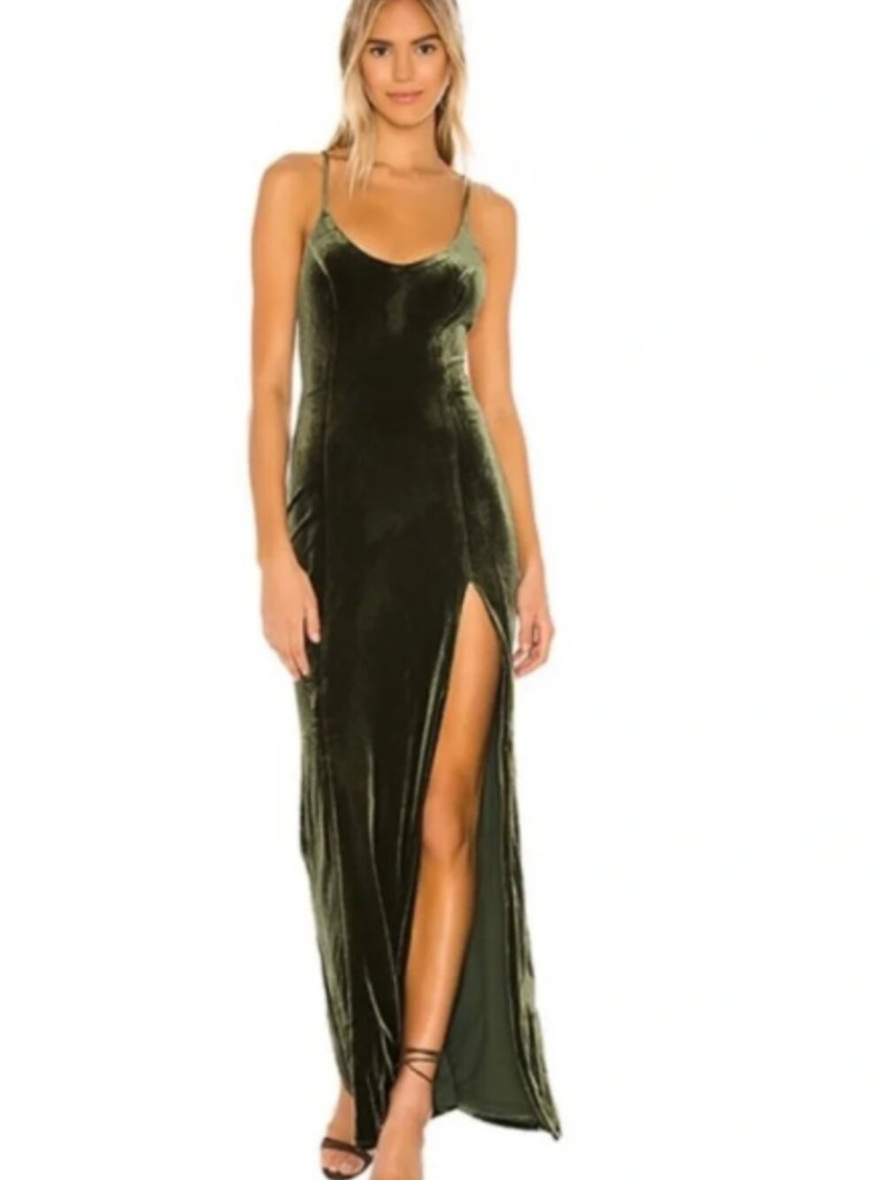 MAJORELLE Olive Green Velvet Maxi Slip Dress with Crisscross Straps Size Medium